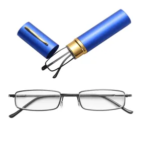 Reading Glasses Metal Spring Foot Portable Presbyopic Glasses with Tube Case  4.00D(Blue)