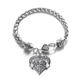 Silver Teacher Pave Heart Charm Braided Bracelet