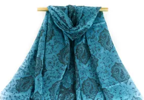 Teal Blue & Black Paisley Pashmina Scarf Bohemian Shawl