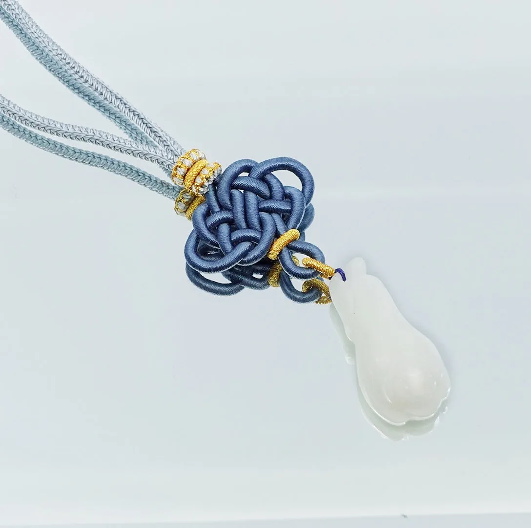 White Jade Orchid Flower Pendant Necklace with Auspicious Chinese Knot